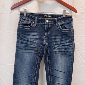 ZCO W's Dark Blue Jeans Size 3 Blue Strght Leg Whiskered Contrast w/Angel Pckts